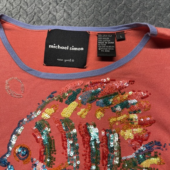 Michael Simon New York Sweater Large Spun Silk Coral Tropical Fish Sequin‎ Bead - Picture 2 of 9